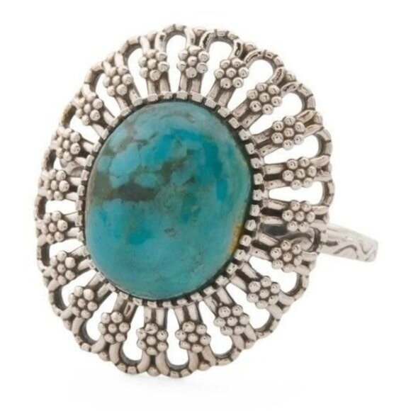 Shivam Jewelry - SHIVAM Ring 8 Sterling Silver Scroll Filigree Blue Turquoise Marcasite Boho